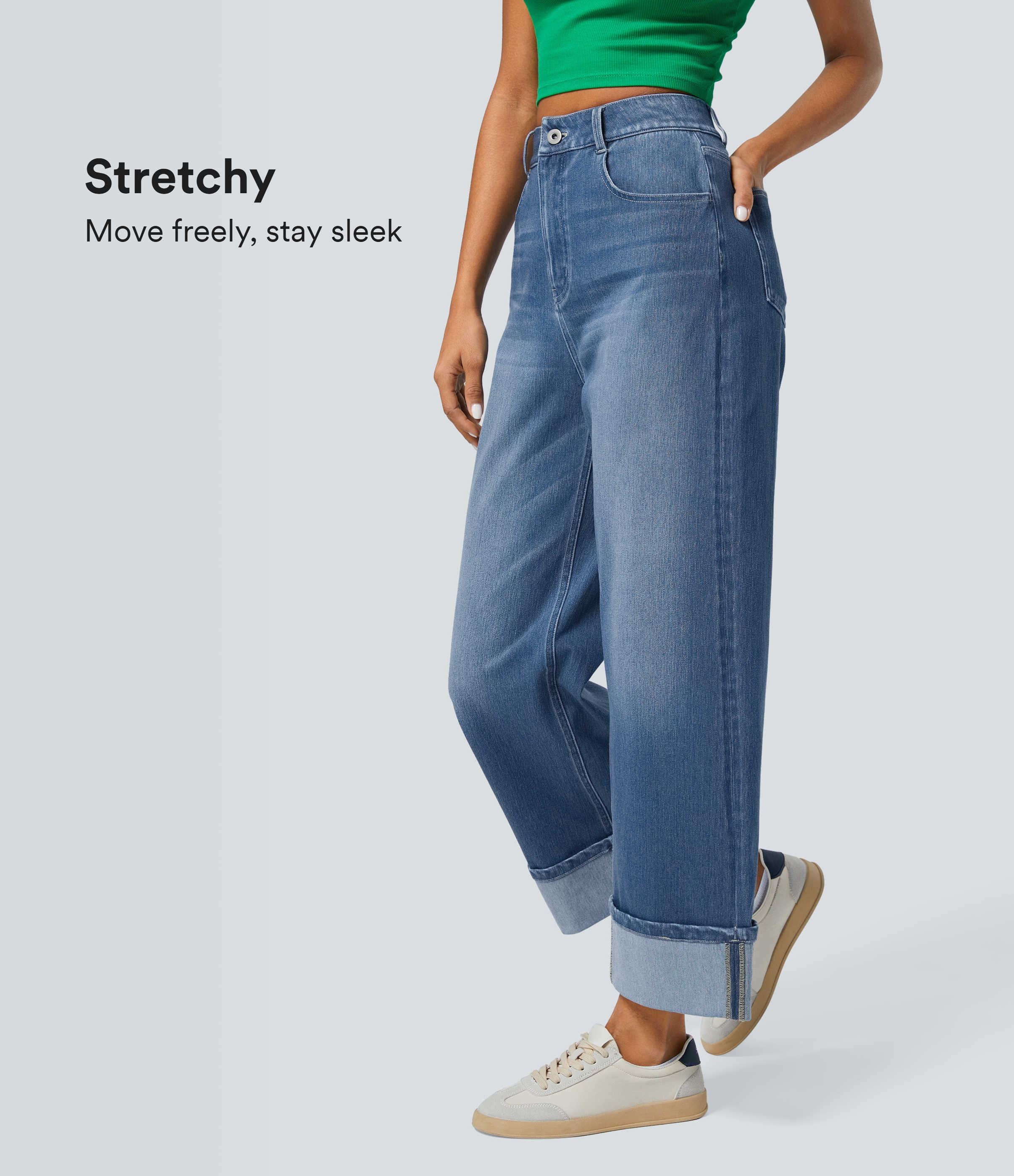 Halara Flex™ High Waist Multi-Pocket Roll Hem Wide Leg Washed Stretch Knit Casual Jeans