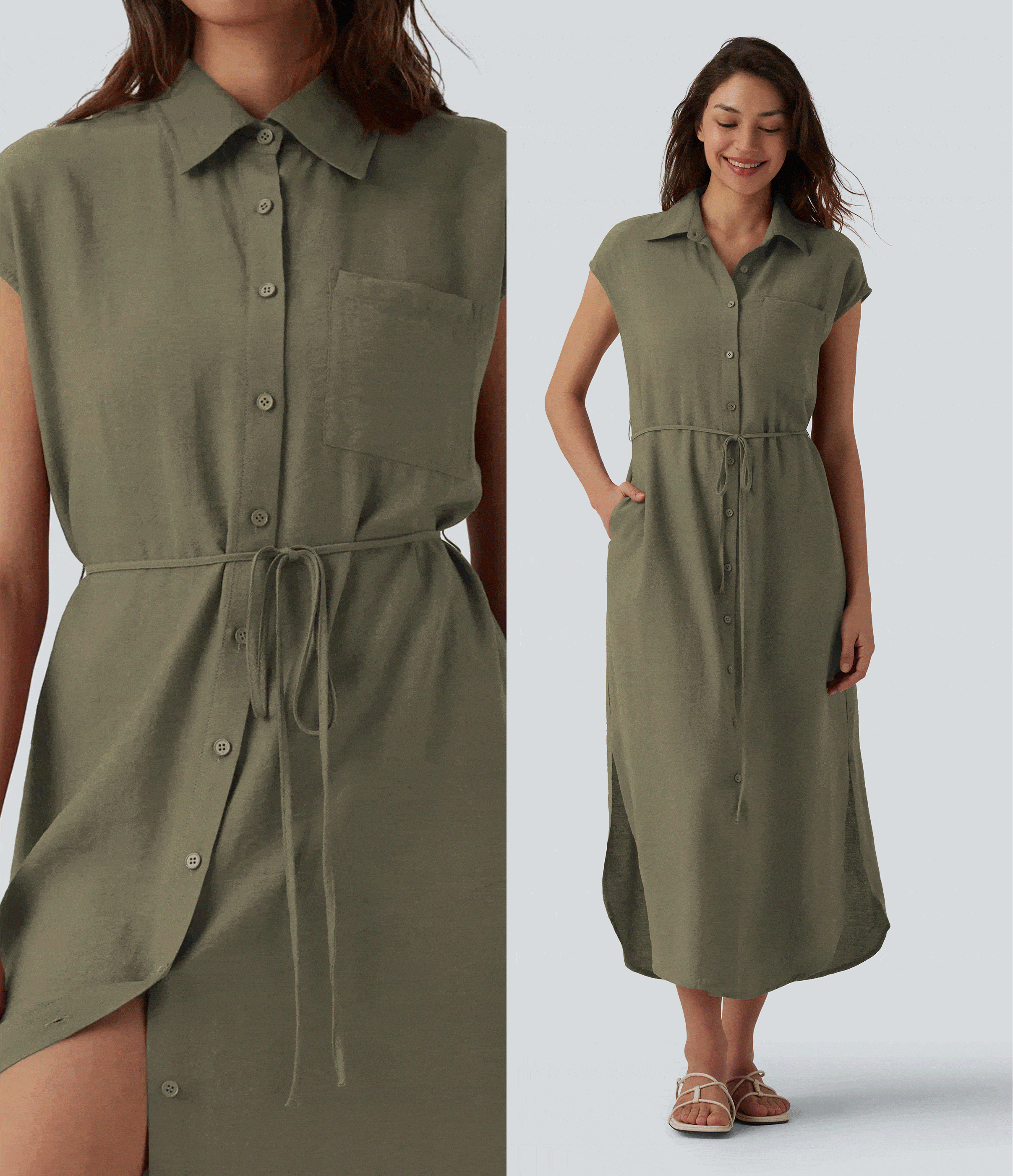 Robe chemise casual mi-longue col manches courtes ceinturée ourlet arrondi avec fente et poches Robe chemise casual mi-longue col manches courtes ceinturée ourlet arrondi avec fente et poches