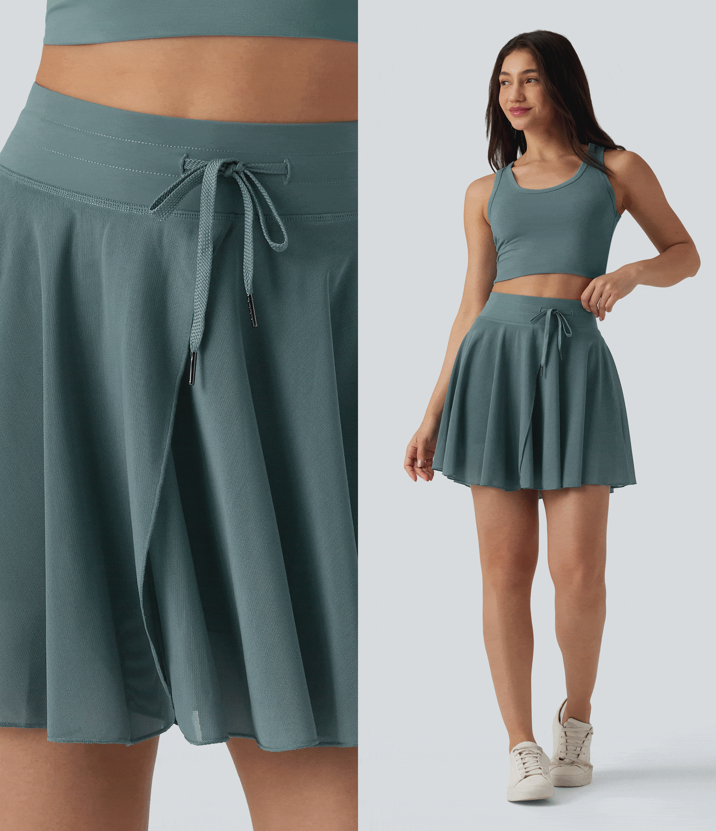 High Waisted Drawstring Contrast Mesh 2-in-1 Pocket Flowy Mini Flare Casual Skirt-Longer Length High Waisted Drawstring Contrast Mesh 2-in-1 Pocket Flowy Mini Flare Casual Skirt-Longer Length