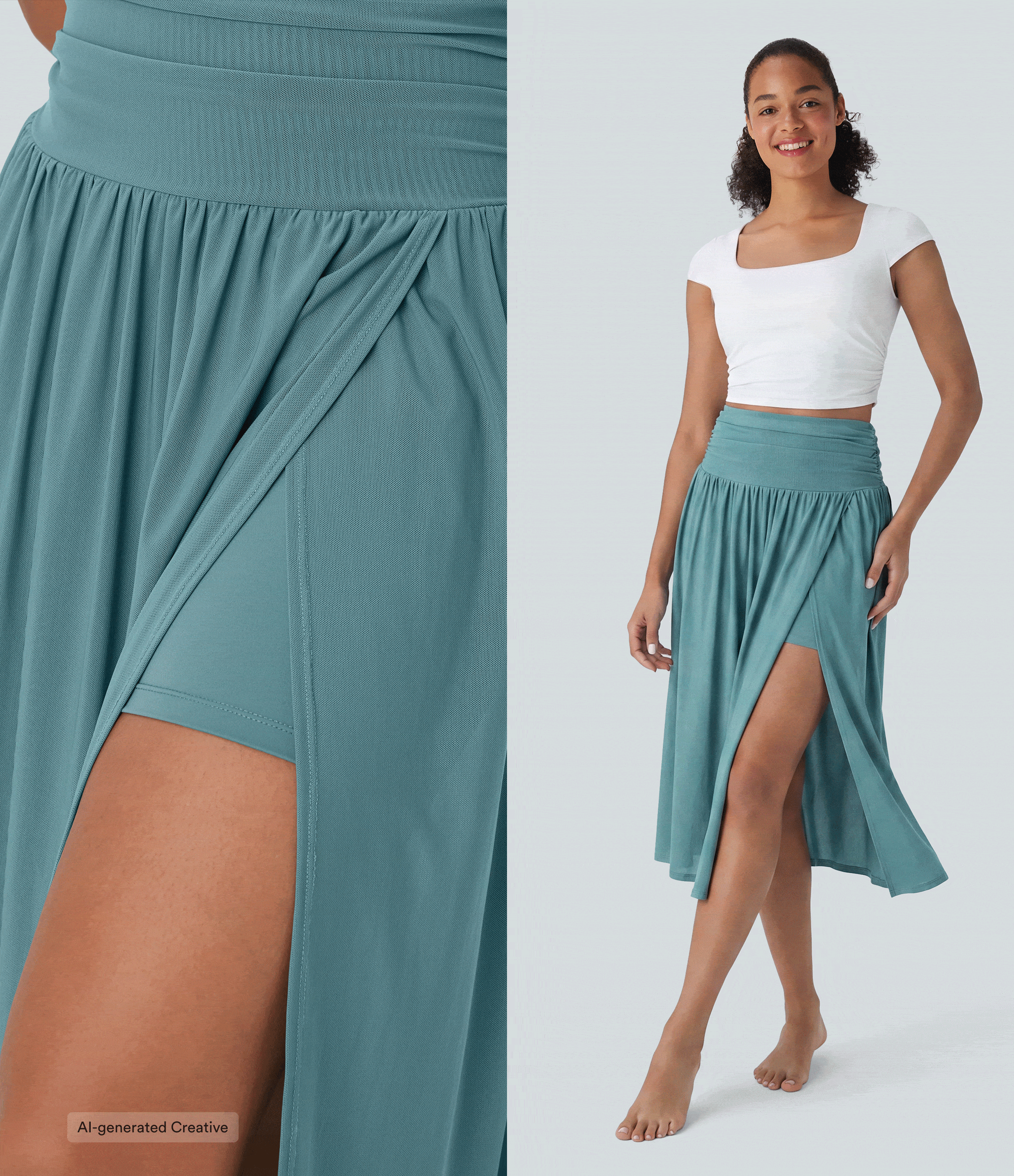 High Waisted 2-in-1 Split Flowy Midi Dance Skirt with Side Pocket High Waisted 2-in-1 Split Flowy Midi Dance Skirt with Side Pocket
