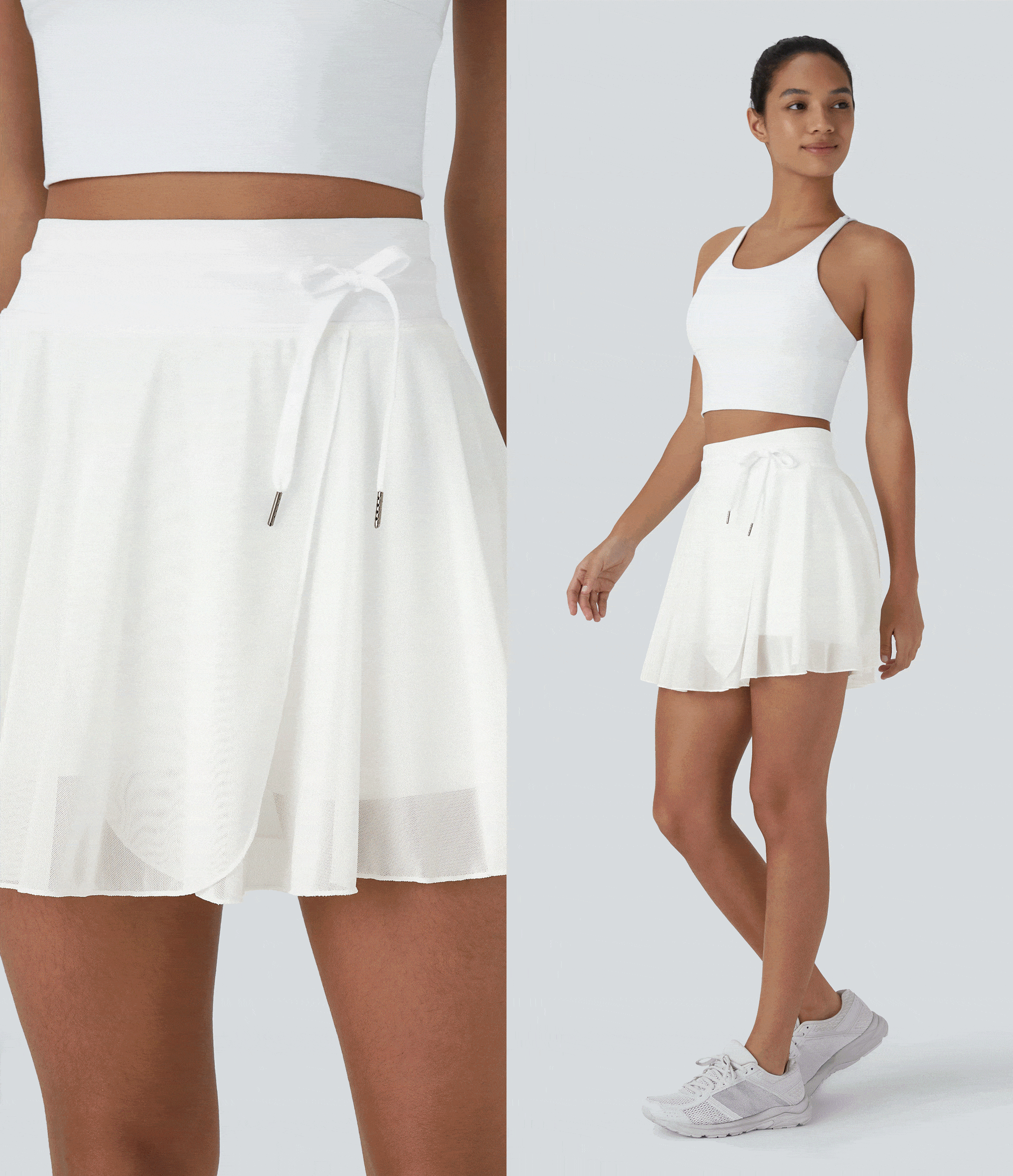 High Waisted Drawstring Contrast Mesh 2-in-1 Pocket Flowy Mini Flare Casual Skirt High Waisted Drawstring Contrast Mesh 2-in-1 Pocket Flowy Mini Flare Casual Skirt