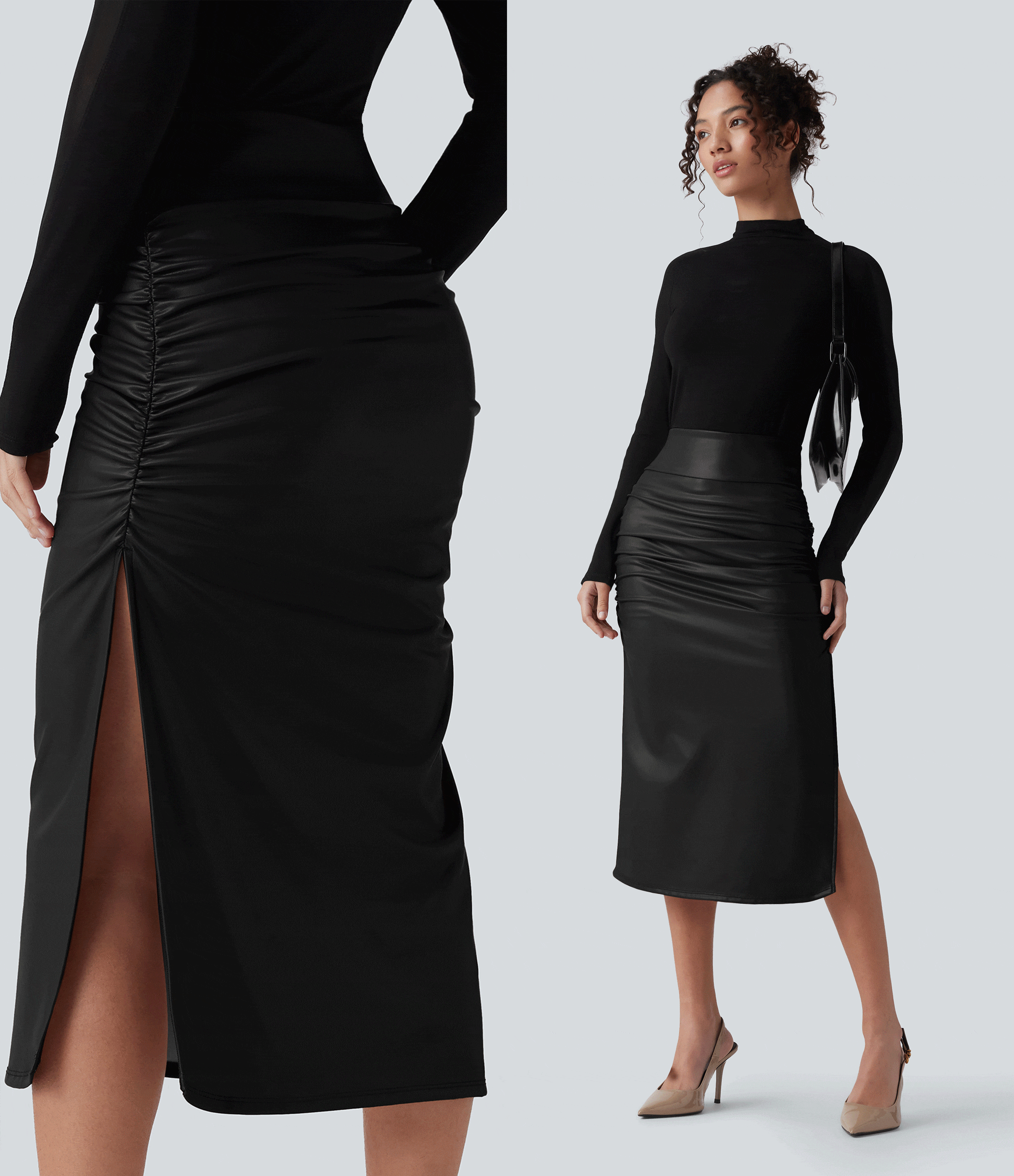 High Waisted Tummy Control Ruched Curved Hem 2-in-1 Fleece PU Midi Casual Skirt High Waisted Tummy Control Ruched Curved Hem 2-in-1 Fleece PU Midi Casual Skirt