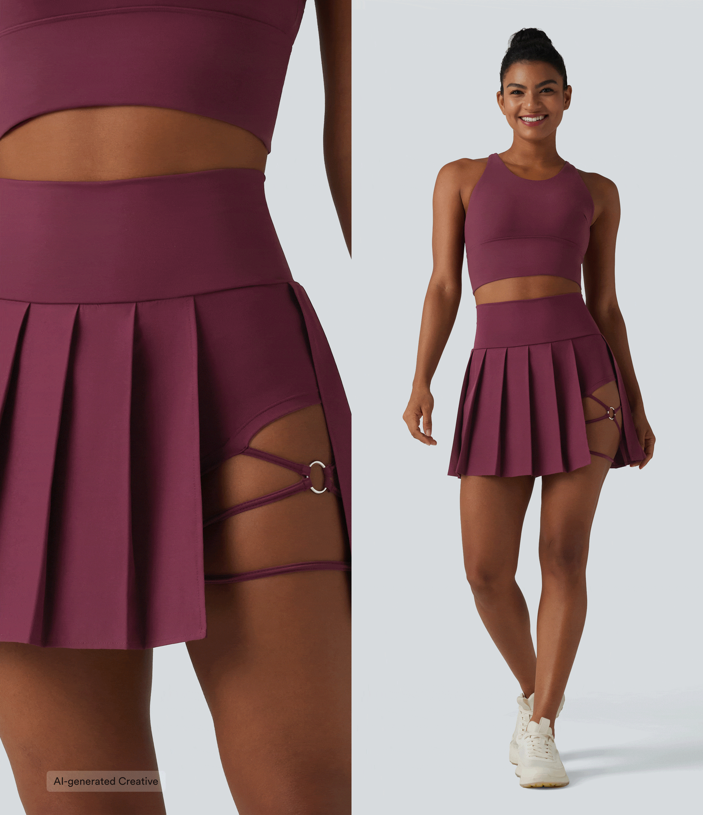 Breezeful™ High Waisted Pleated 2-in-1 Asymmetric Hem Quick Dry Mini Dance Skirt with Pockets-Longer Length