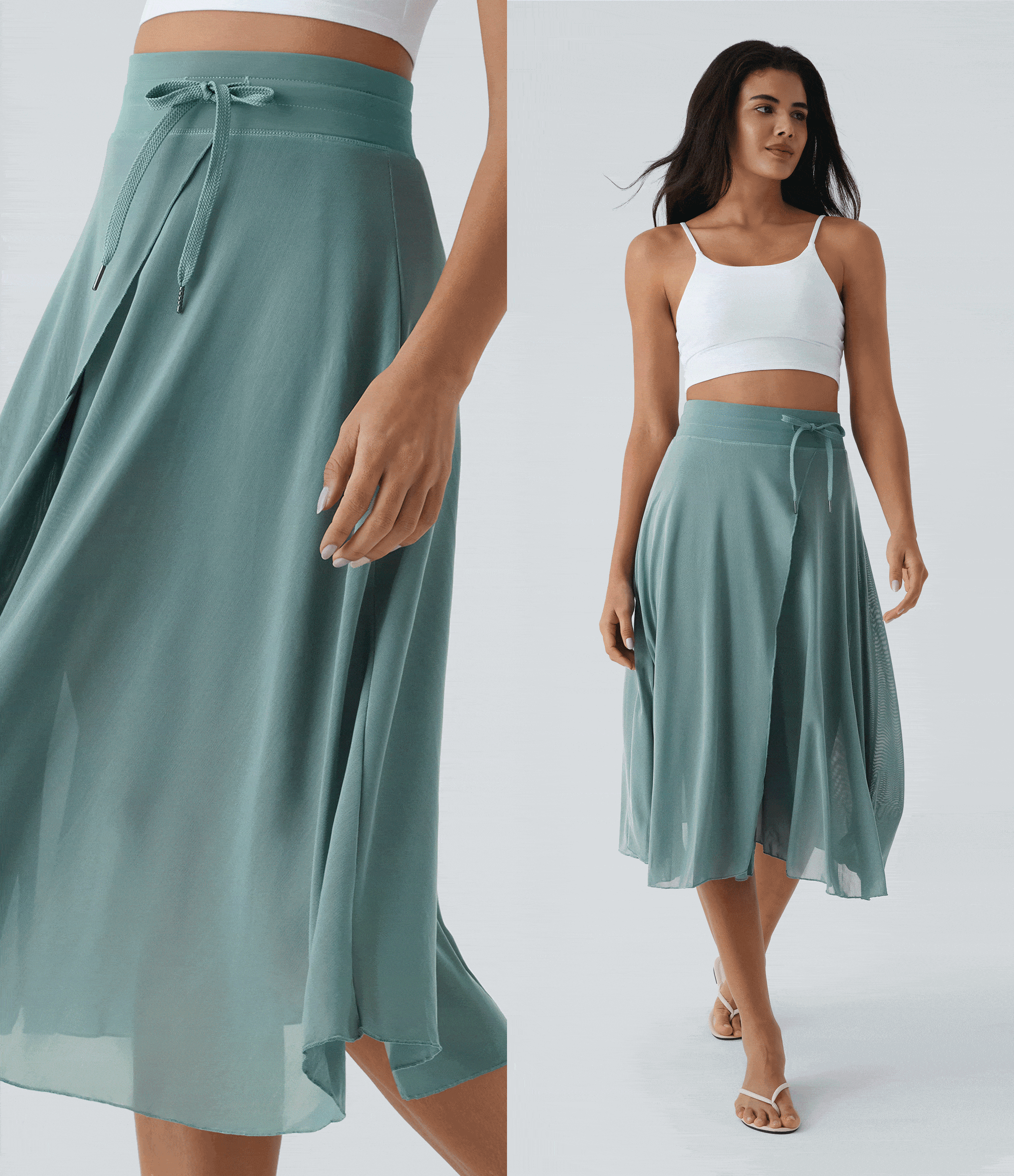 High Waisted Drawstring Contrast Mesh 2-in-1 Pocket Flowy Midi Flare Casual Skirt