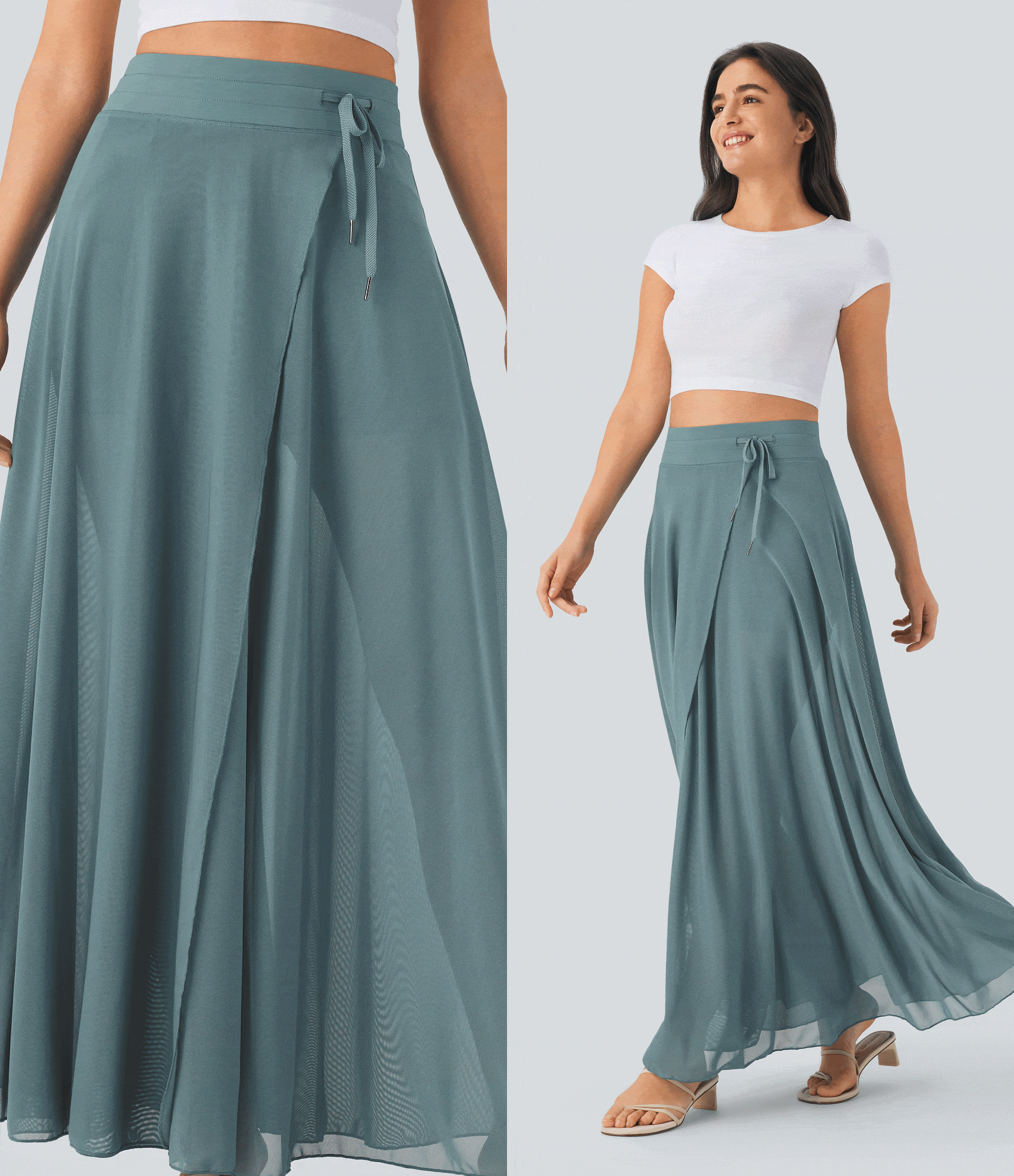 High Waisted Drawstring Contrast Mesh 2-in-1 Pocket Flowy Maxi Flare Casual Skirt High Waisted Drawstring Contrast Mesh 2-in-1 Pocket Flowy Maxi Flare Casual Skirt