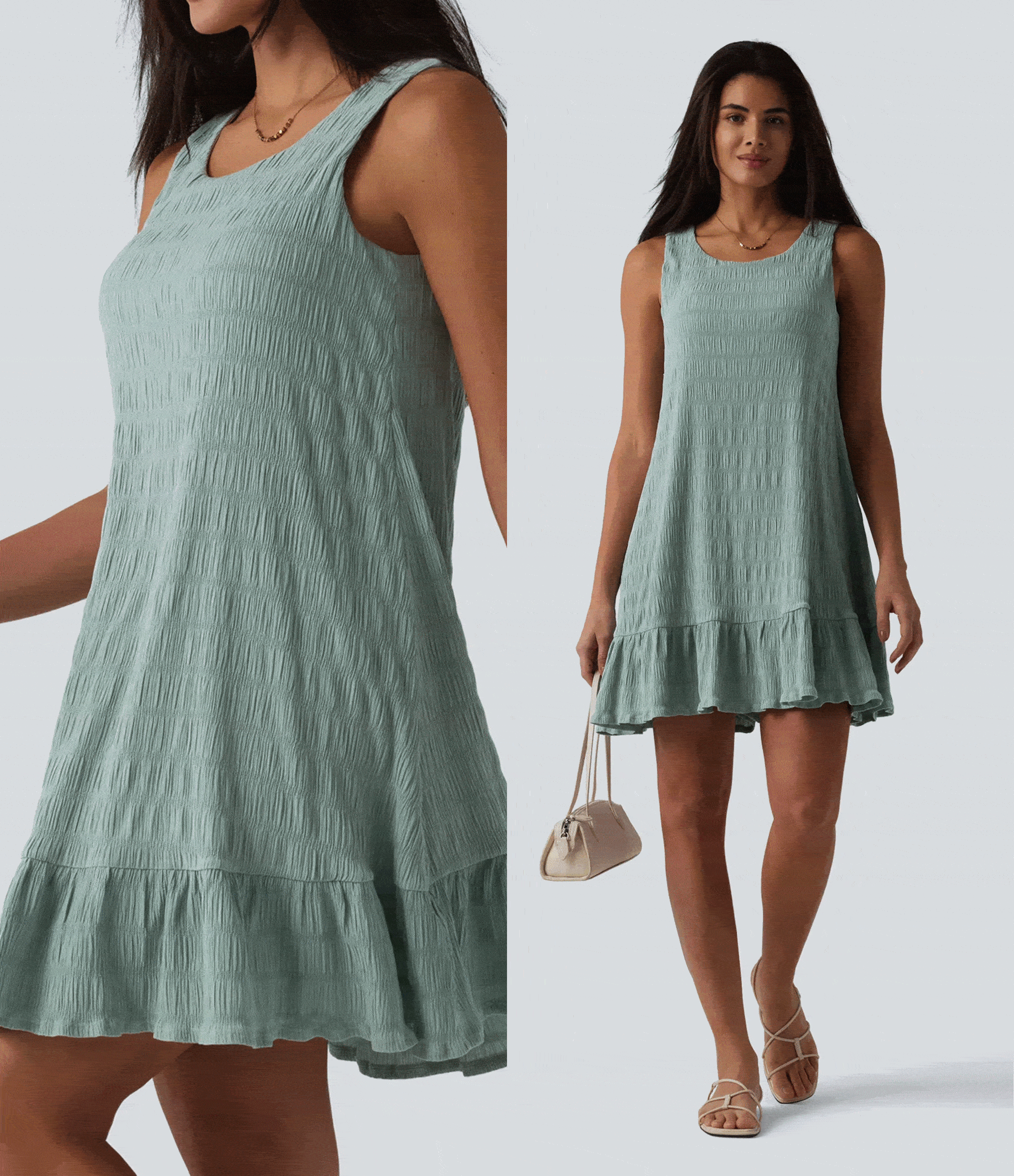 Robe courte décontractée sans manches à col rond, soutien-gorge intégré et ourlet à volants